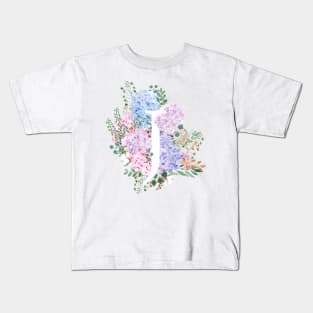 botanical monogram alphabet J hydrangea flowers Kids T-Shirt